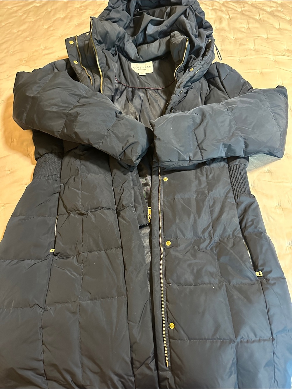 Cole Haan Navy Quilted Long Puffer Coat with Hood